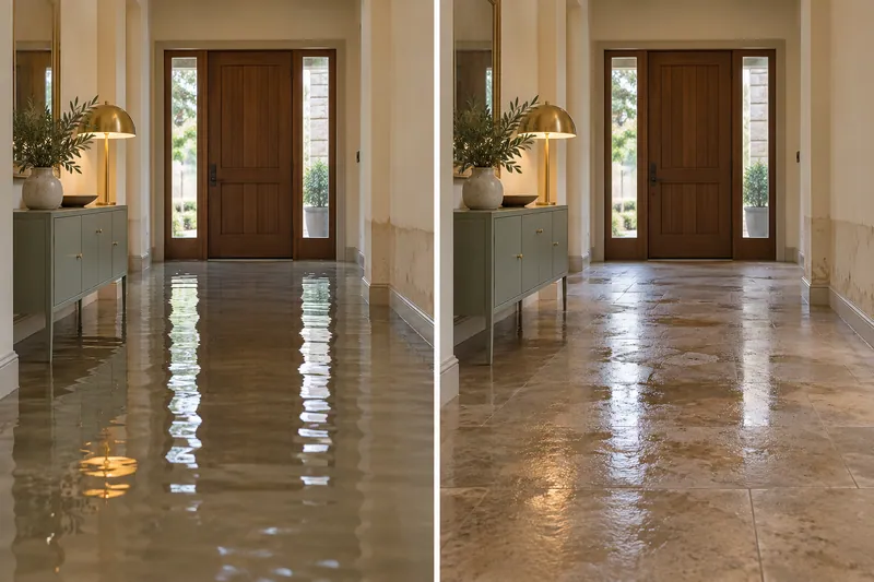 Water Extraction in Cedar Park — same room before pickup and after bulk water collection with damp surfaces